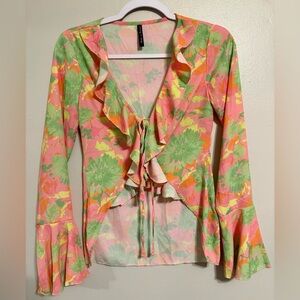 Floral Ruffle Tie-Front Blouse